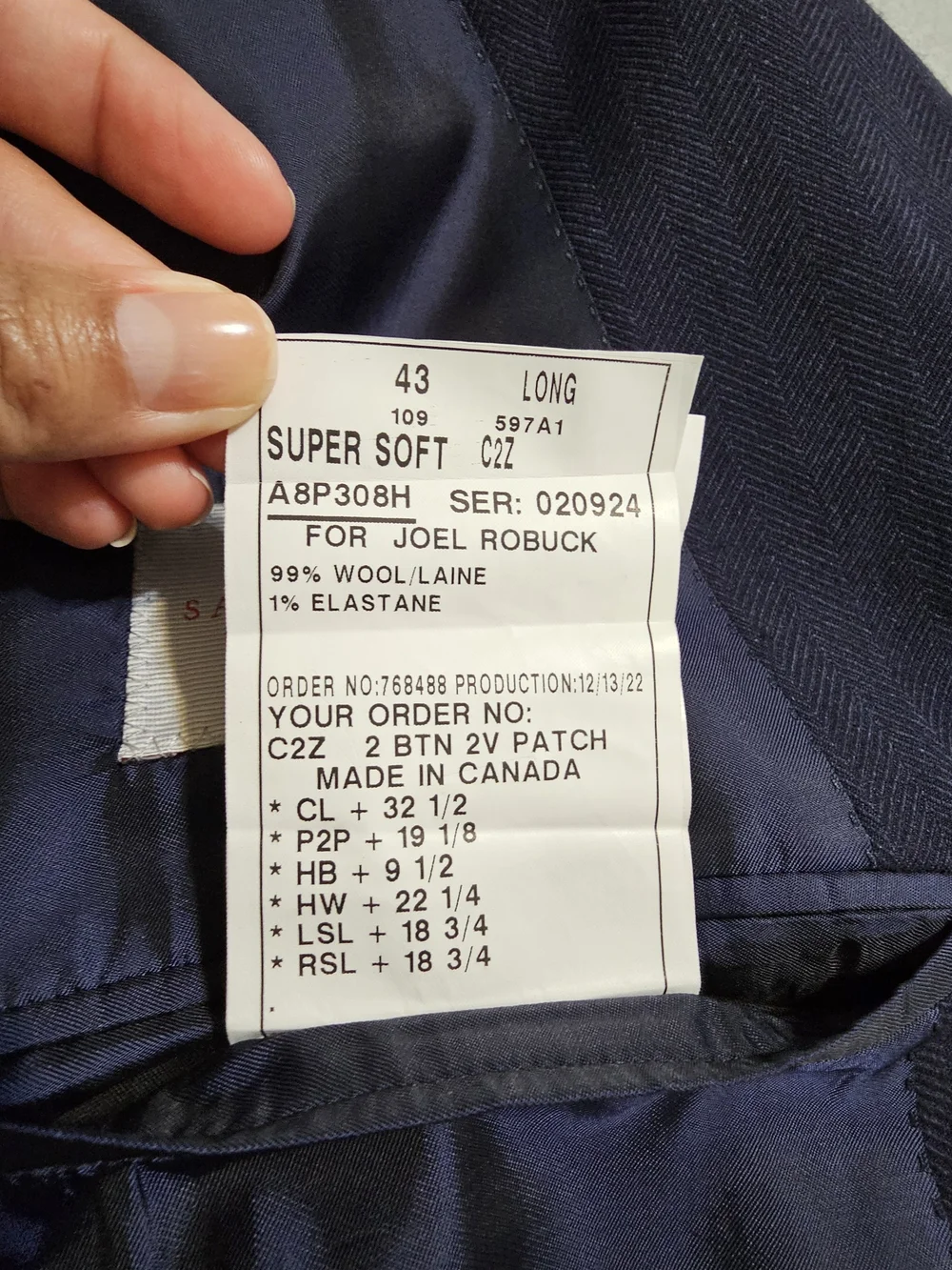 Samuelsohn 43L Navy Herringbone Wool Blazer Sport Coat Canada 2 Button Luxury